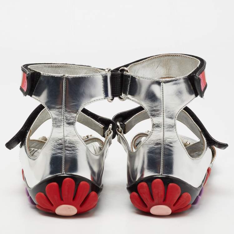 Pre Owned Prada Silver Patent Leather Flower Embellished Ankle Strap Sandals Size 38.5