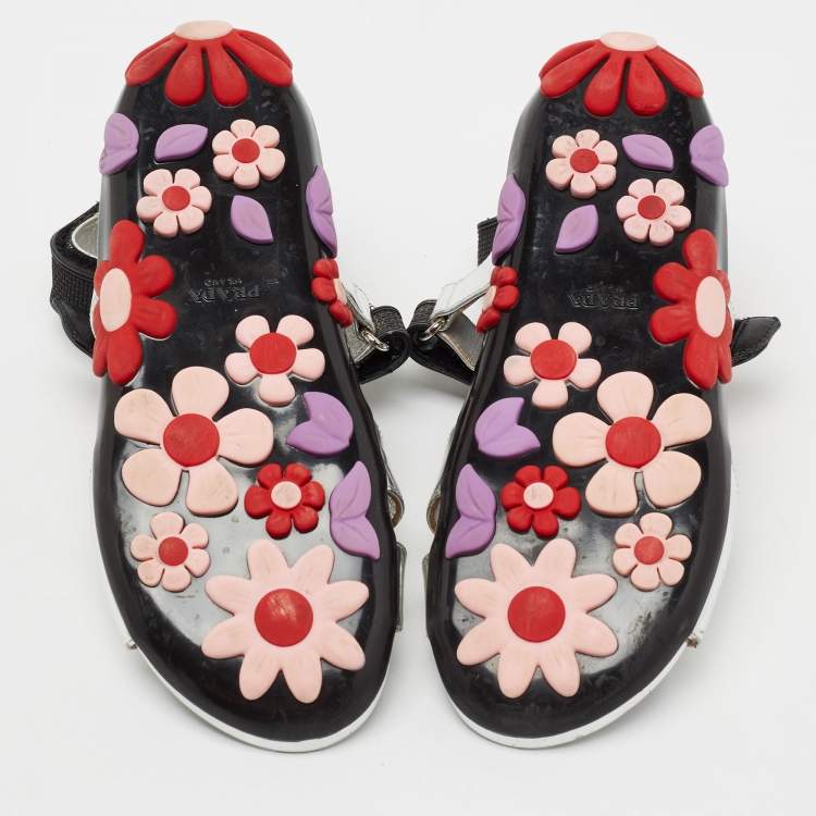 Pre Owned Prada Silver Patent Leather Flower Embellished Ankle Strap Sandals Size 38.5