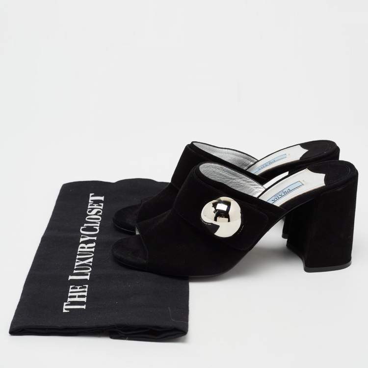 Pre Owned Prada Black Suede  Block Heel Mule Sandals Size 37.5