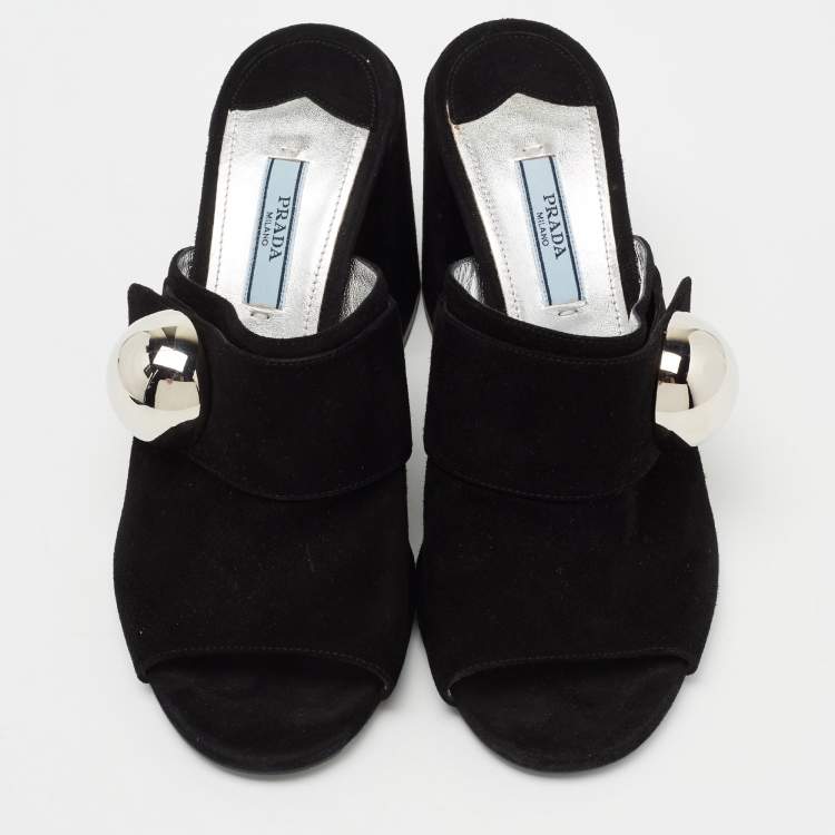 Pre Owned Prada Black Suede  Block Heel Mule Sandals Size 37.5