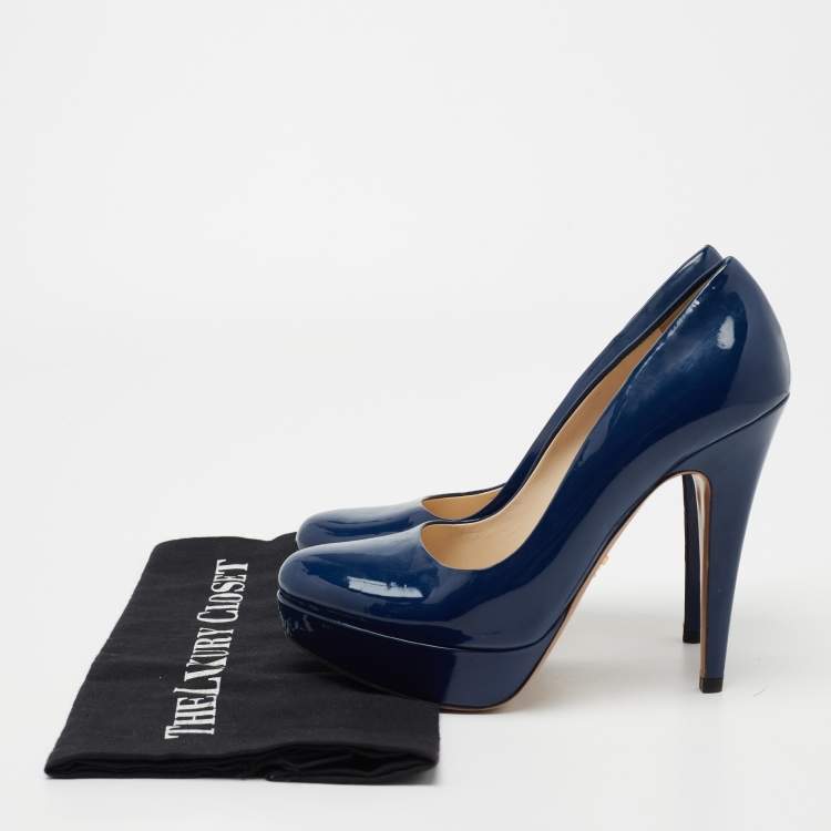 Pre Owned Prada Blue Patent Leather Round Toe Platform Pumps Size 36