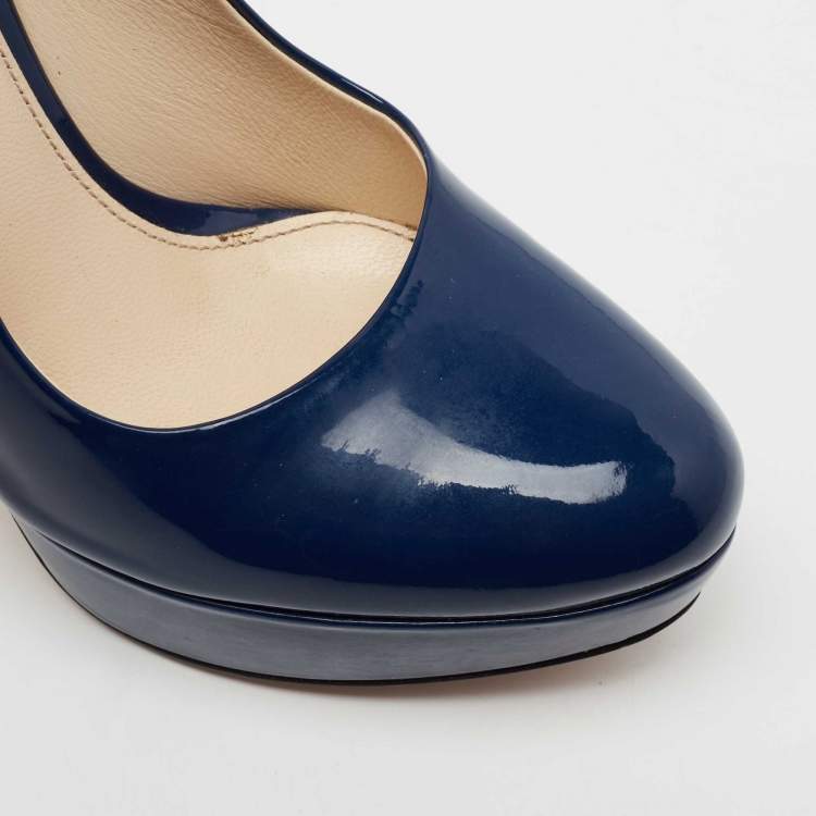 Pre Owned Prada Blue Patent Leather Round Toe Platform Pumps Size 36