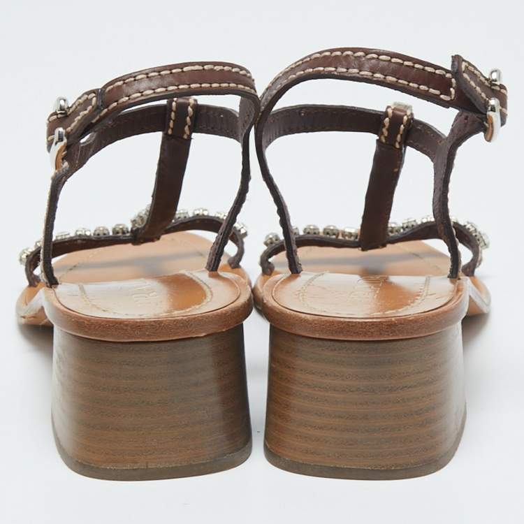 Pre Owned Prada Brown Leather Studded T Strap Sandals Size 38