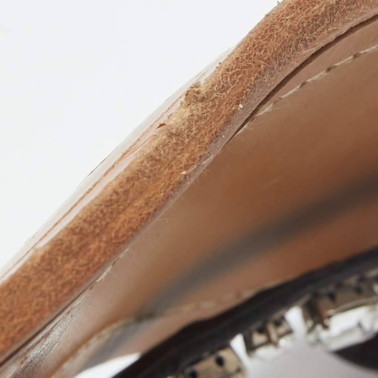 Pre Owned Prada Brown Leather Studded T Strap Sandals Size 38