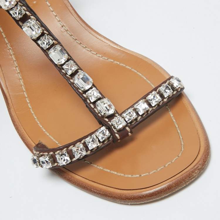 Pre Owned Prada Brown Leather Studded T Strap Sandals Size 38