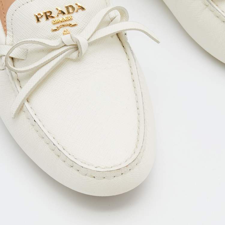 Pre Owned Prada White Leather Bow Loafers Size 37.5