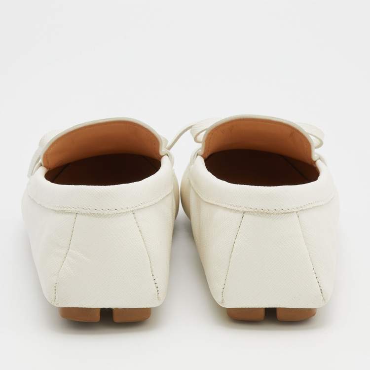 Pre Owned Prada White Leather Bow Loafers Size 37.5