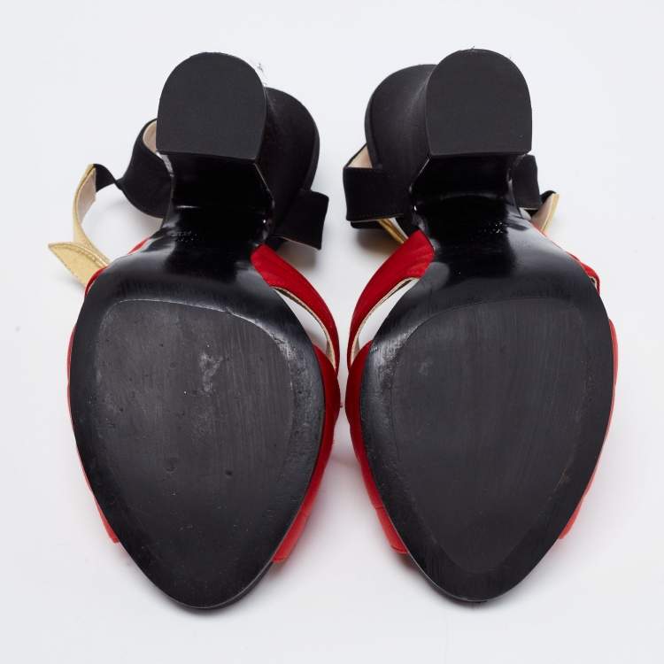 Pre Owned Prada Tri-Color Leather and Quilted Satin Ankle Strap Platform Sandals Size 40.5