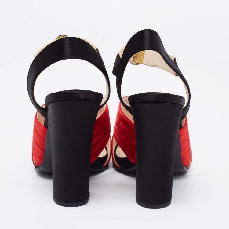 Pre Owned Prada Tri-Color Leather and Quilted Satin Ankle Strap Platform Sandals Size 40.5