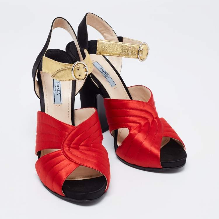 Pre Owned Prada Tri-Color Leather and Quilted Satin Ankle Strap Platform Sandals Size 40.5