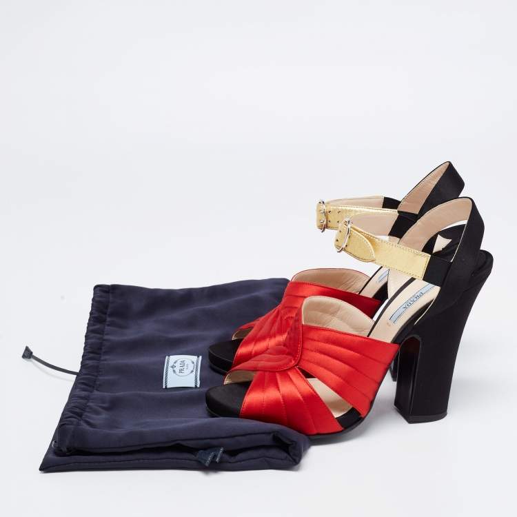 Pre Owned Prada Tri-Color Leather and Quilted Satin Ankle Strap Platform Sandals Size 40.5