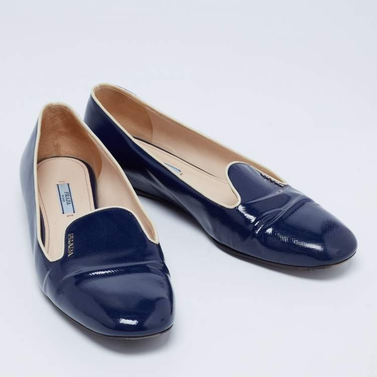 Pre Owned Prada Navy Blue Vernice Saffiano Leather Smoking Slippers Size 41.5