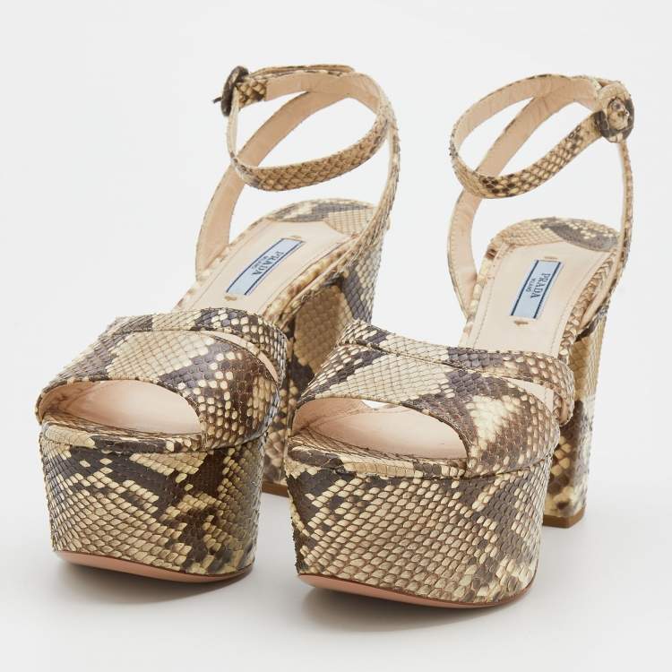 Pre Owned Prada Beige/Brown Python Block Heel Platform Ankle Strap Sandals Size 38.5