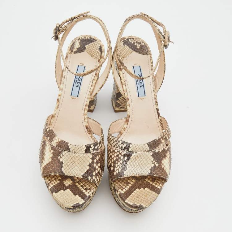 Pre Owned Prada Beige/Brown Python Block Heel Platform Ankle Strap Sandals Size 38.5
