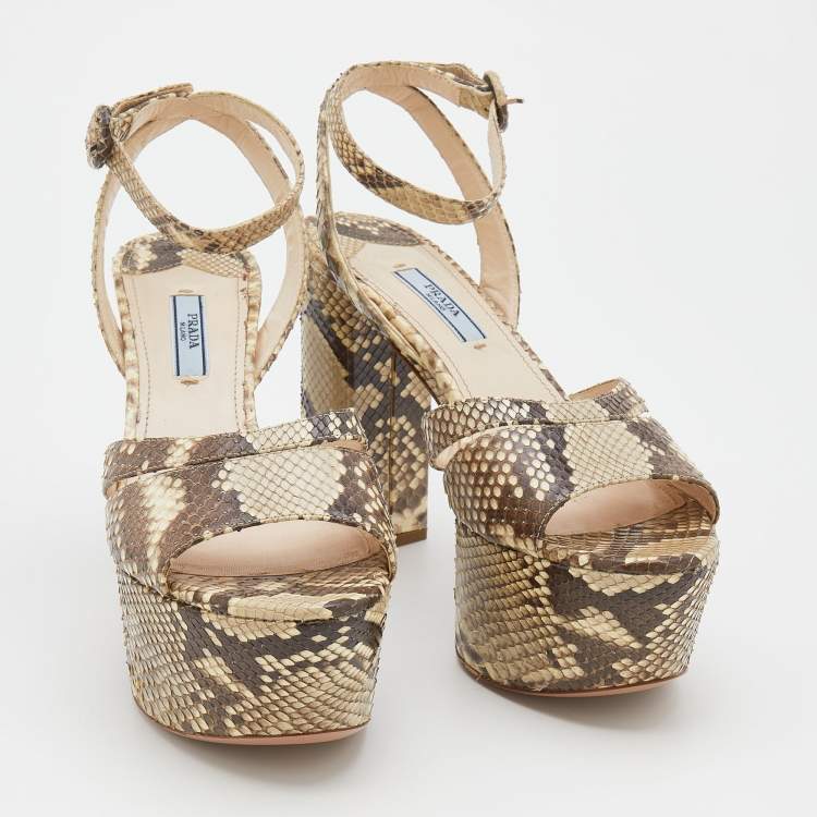 Pre Owned Prada Beige/Brown Python Block Heel Platform Ankle Strap Sandals Size 38.5