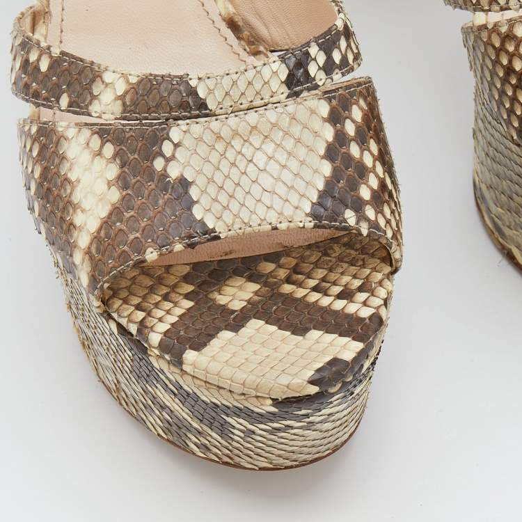 Pre Owned Prada Beige/Brown Python Block Heel Platform Ankle Strap Sandals Size 38.5