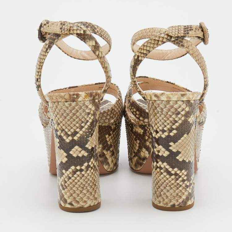 Pre Owned Prada Beige/Brown Python Block Heel Platform Ankle Strap Sandals Size 38.5
