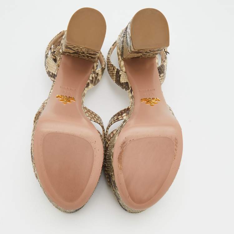 Pre Owned Prada Beige/Brown Python Block Heel Platform Ankle Strap Sandals Size 38.5