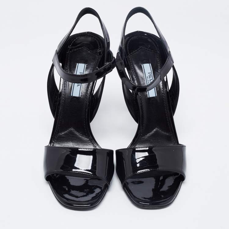 Pre Owned Prada Black Patent Leather Ankle Strap Sandals Size 40