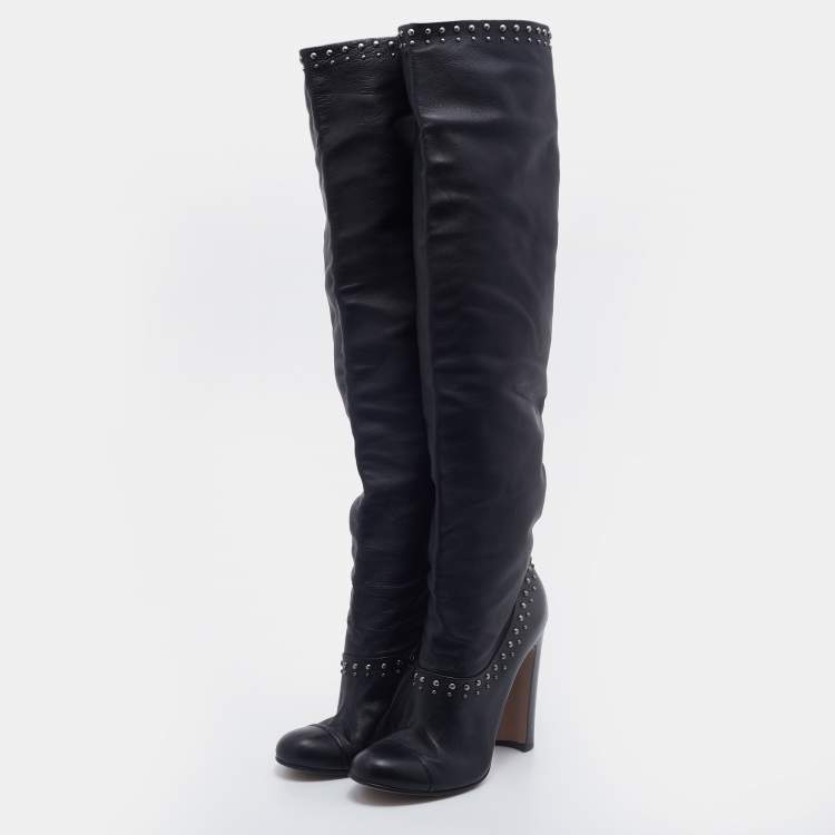 Pre Owned Prada Black Leather Studded Knee Length Boots Size 38