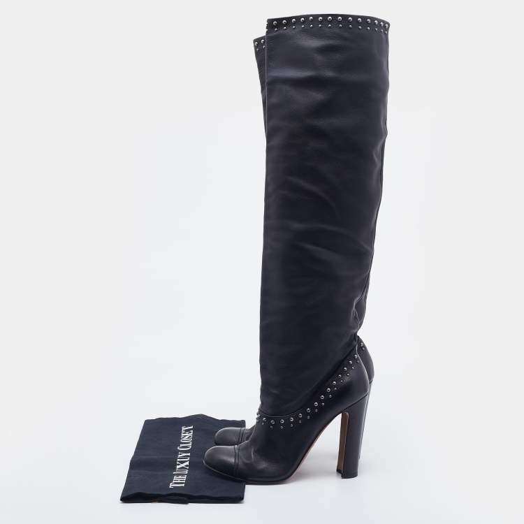 Pre Owned Prada Black Leather Studded Knee Length Boots Size 38