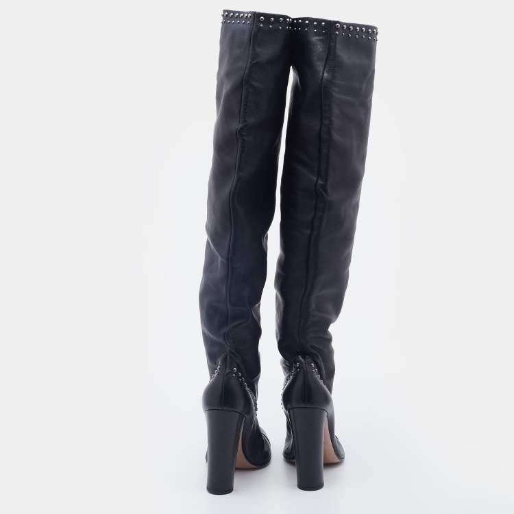 Pre Owned Prada Black Leather Studded Knee Length Boots Size 38