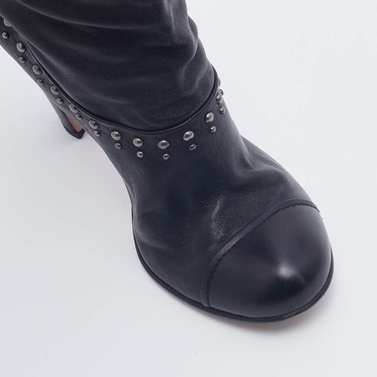 Pre Owned Prada Black Leather Studded Knee Length Boots Size 38