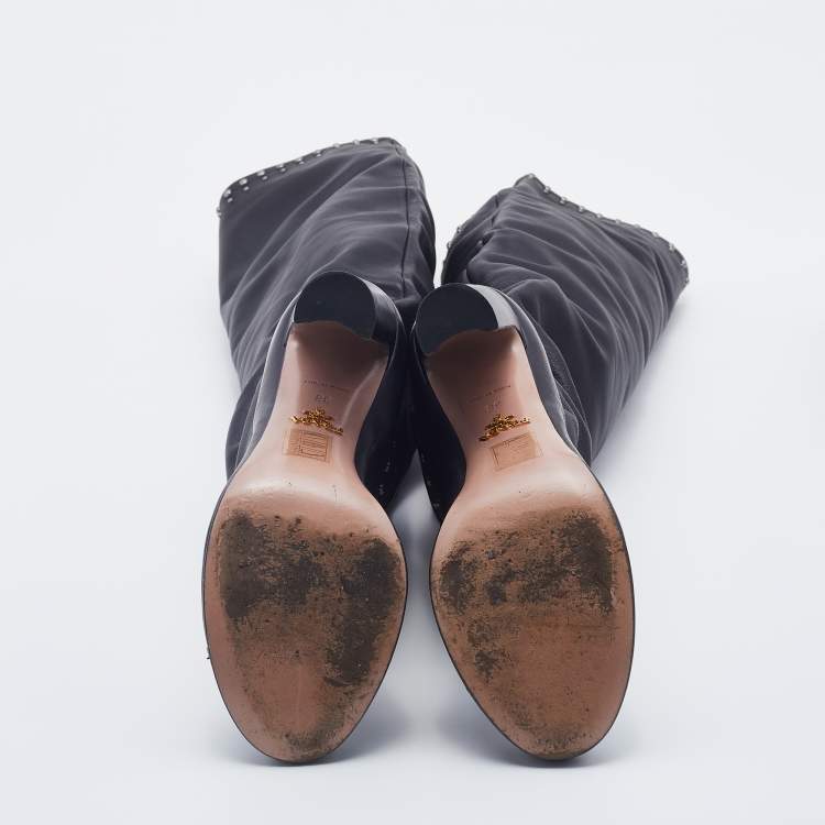 Pre Owned Prada Black Leather Studded Knee Length Boots Size 38