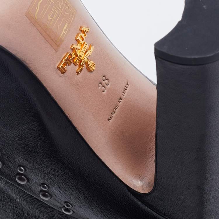 Pre Owned Prada Black Leather Studded Knee Length Boots Size 38