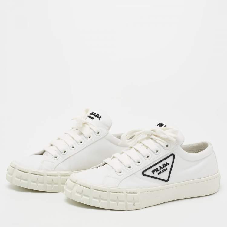 Pre Owned Prada White Canvas Cassetta Lace Up Sneakers Size 38