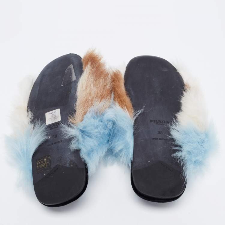 Pre Owned Prada Blue/Brown Fur Flat Sandals Size 38