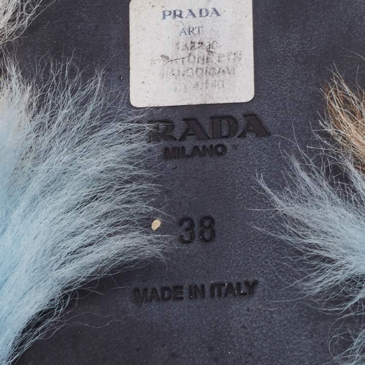 Pre Owned Prada Blue/Brown Fur Flat Sandals Size 38
