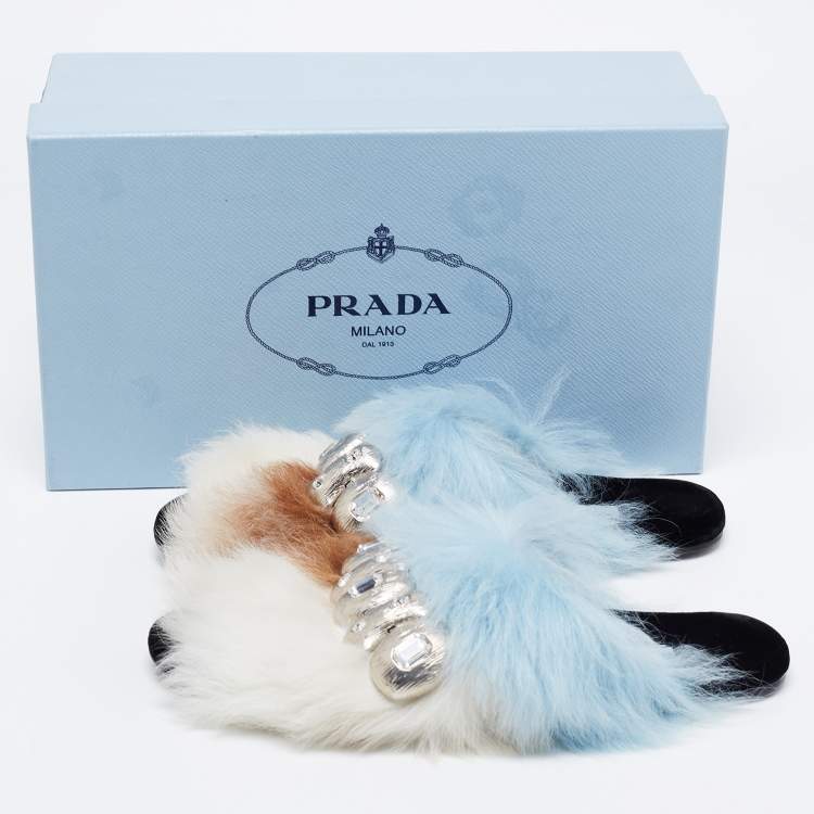 Pre Owned Prada Blue/Brown Fur Flat Sandals Size 38