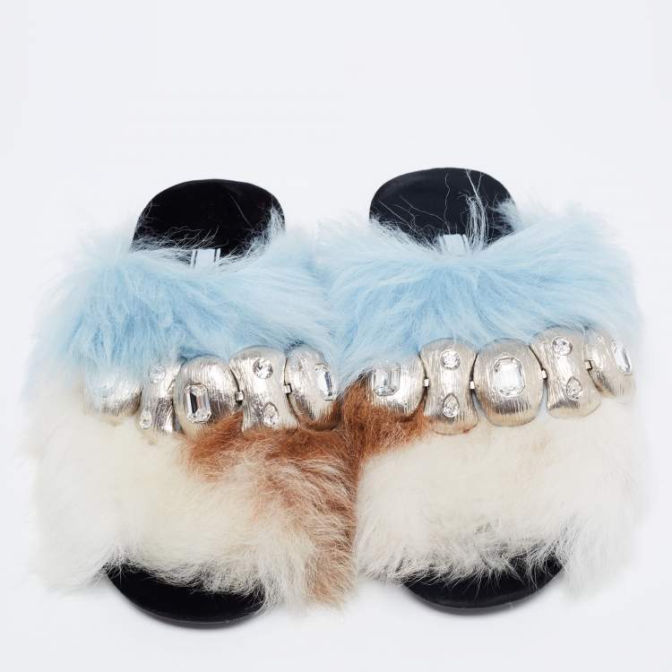 Pre Owned Prada Blue/Brown Fur Flat Sandals Size 38