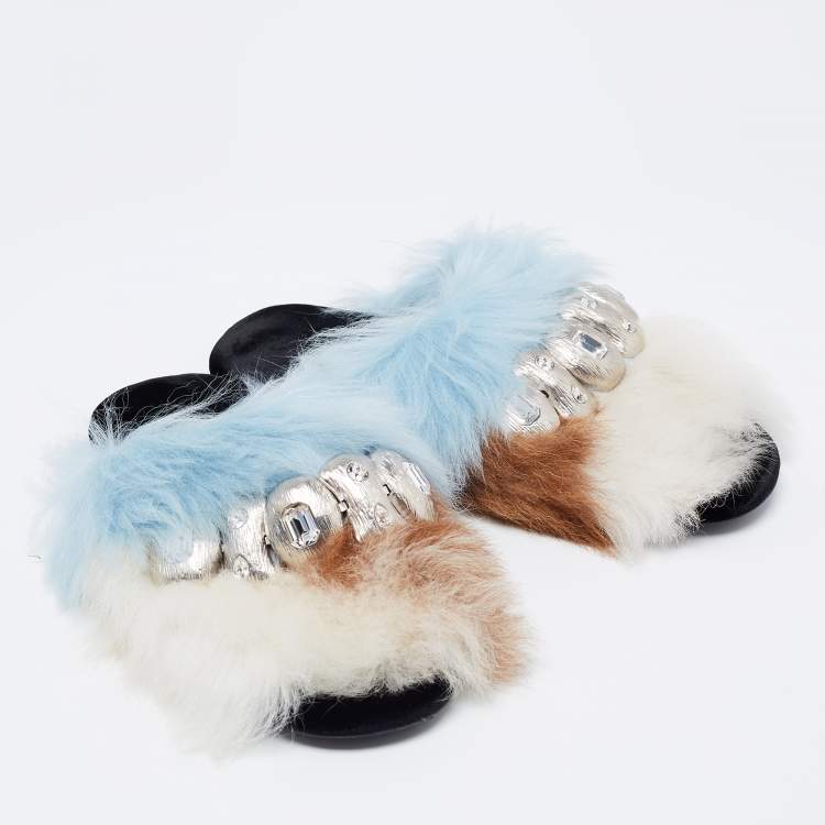 Pre Owned Prada Blue/Brown Fur Flat Sandals Size 38