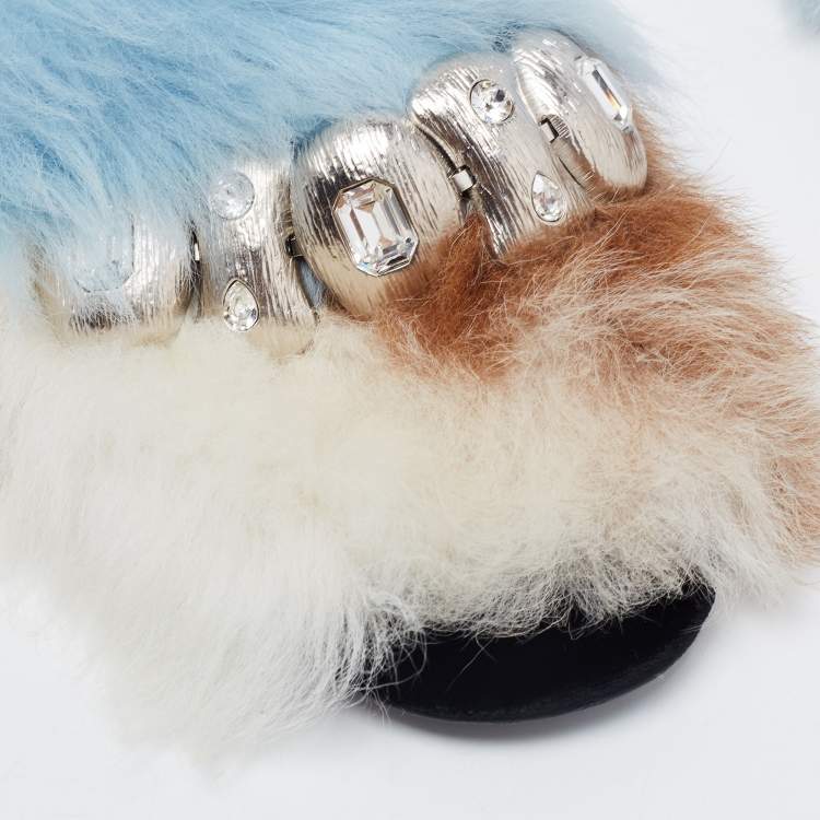 Pre Owned Prada Blue/Brown Fur Flat Sandals Size 38