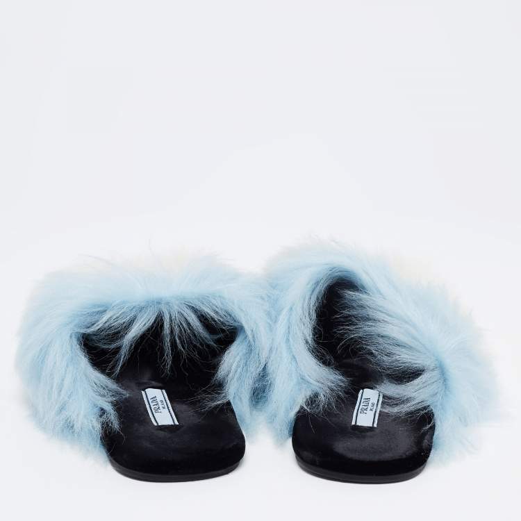 Pre Owned Prada Blue/Brown Fur Flat Sandals Size 38
