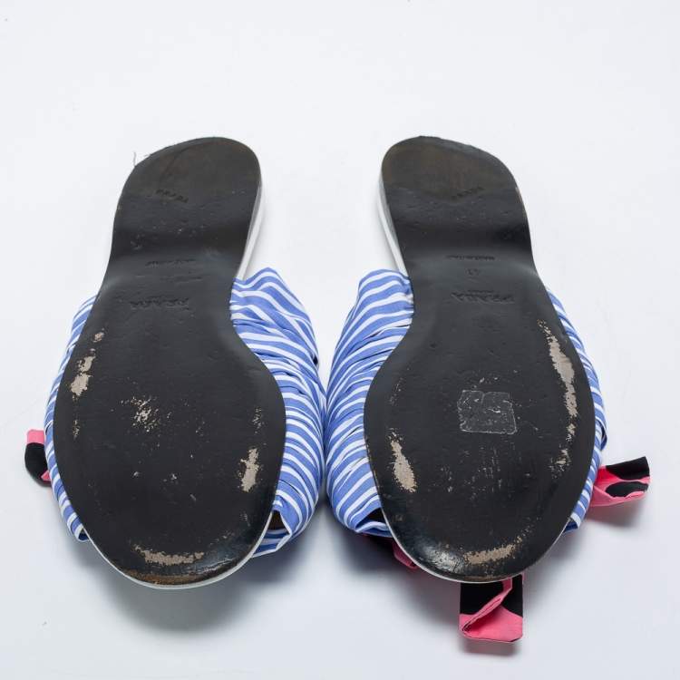 Pre Owned Prada Blue/Pink Fabric Stripe Printed And Polka Dot Bow Detail Slide Sandals Size 41
