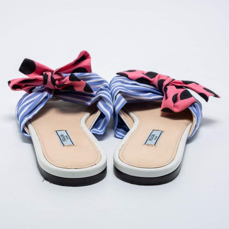 Pre Owned Prada Blue/Pink Fabric Stripe Printed And Polka Dot Bow Detail Slide Sandals Size 41