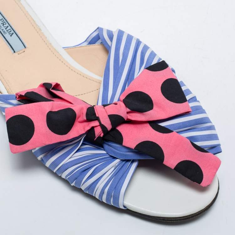 Pre Owned Prada Blue/Pink Fabric Stripe Printed And Polka Dot Bow Detail Slide Sandals Size 41