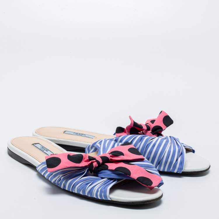 Pre Owned Prada Blue/Pink Fabric Stripe Printed And Polka Dot Bow Detail Slide Sandals Size 41