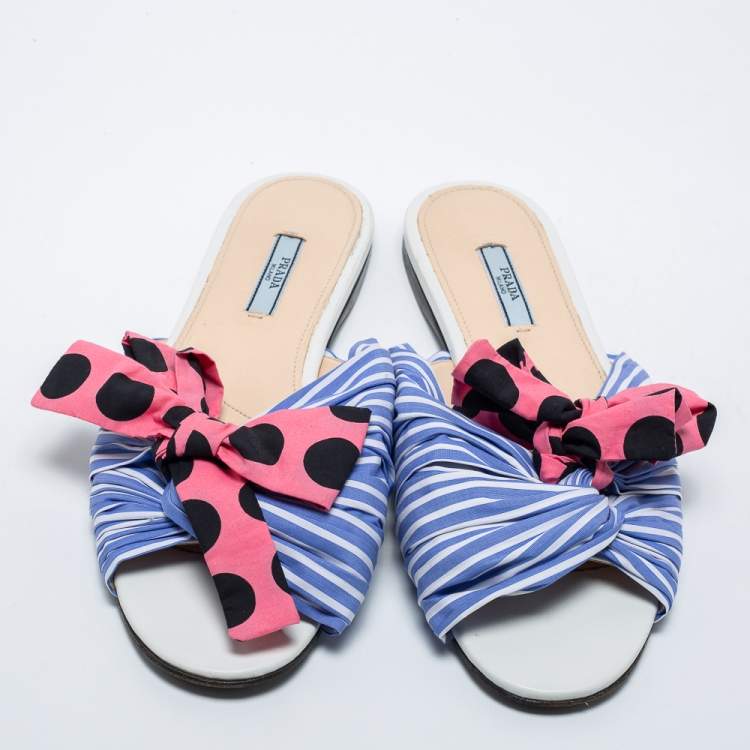 Pre Owned Prada Blue/Pink Fabric Stripe Printed And Polka Dot Bow Detail Slide Sandals Size 41