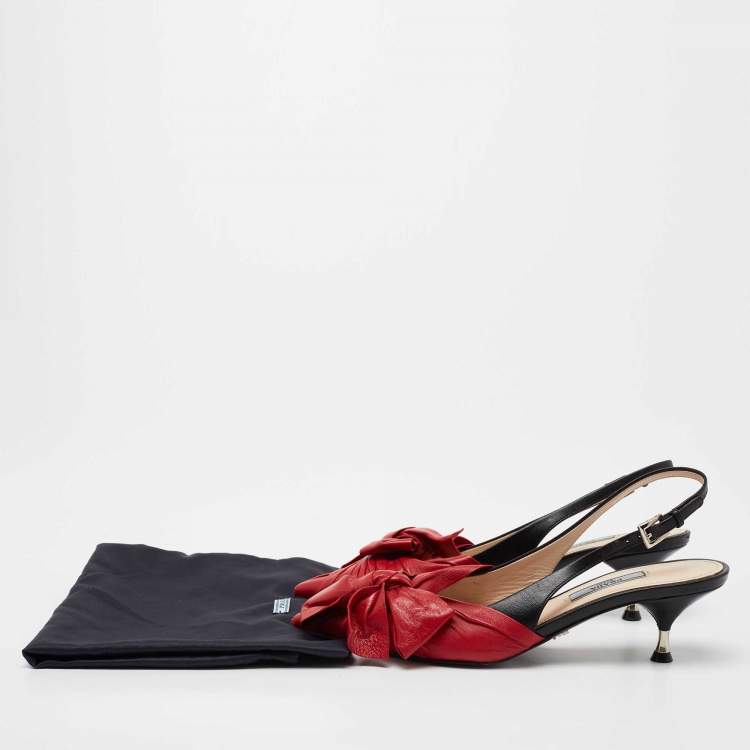Pre Owned Prada Red/Black Pleated Leather Bow Slingback Pumps Size 36