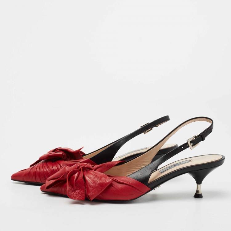 Prada Red/Black Pleated Leather Bow Slingback Pumps Size 36 Prada | TLC