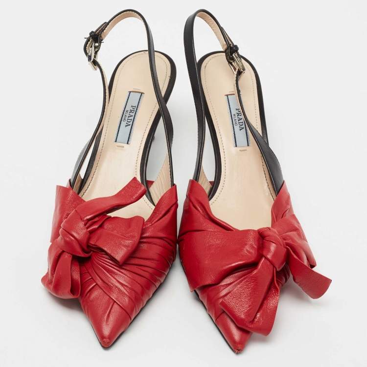 Pre Owned Prada Red/Black Pleated Leather Bow Slingback Pumps Size 36
