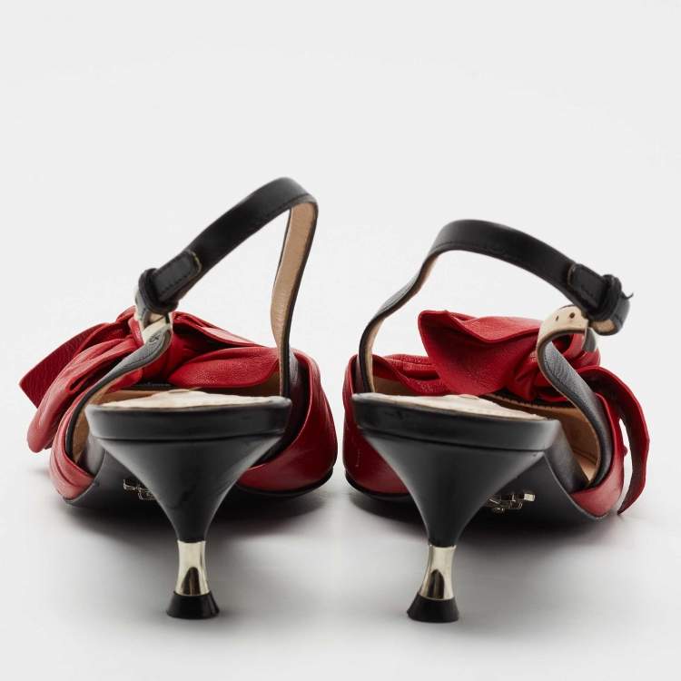 Pre Owned Prada Red/Black Pleated Leather Bow Slingback Pumps Size 36