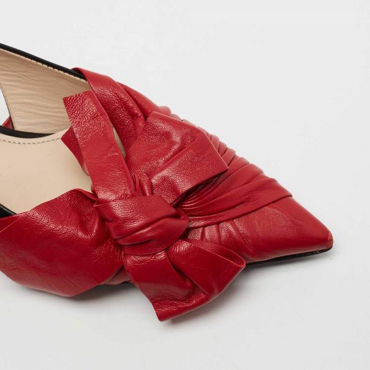 Pre Owned Prada Red/Black Pleated Leather Bow Slingback Pumps Size 36