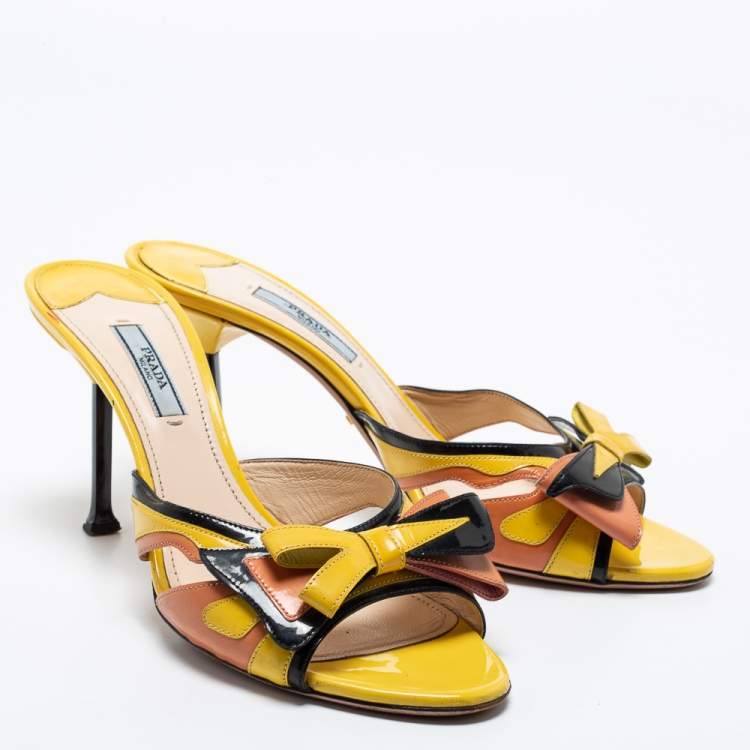 Pre Owned Prada Multicolor Patent Leather Bow Slide Sandals Size 39