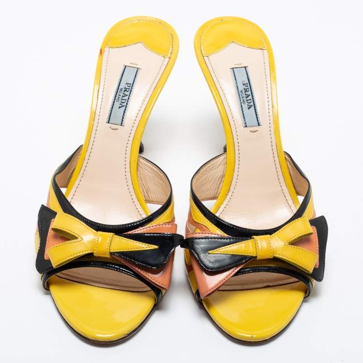Pre Owned Prada Multicolor Patent Leather Bow Slide Sandals Size 39