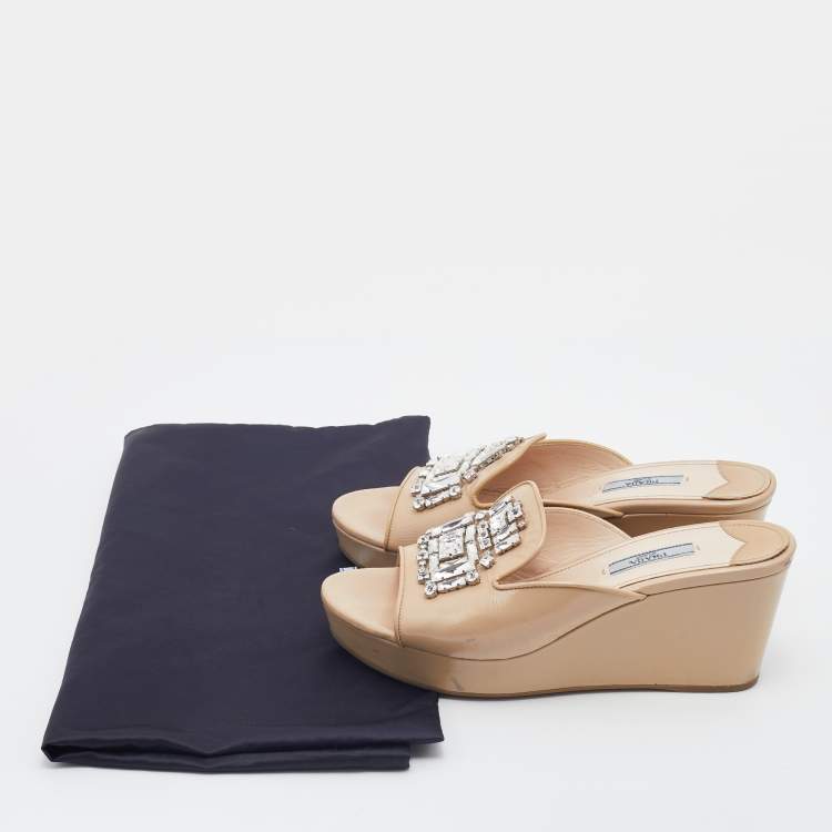 Pre Owned Prada Beige Saffiano Patent Leather Crystal Embellished Platform Wedge Sandals Size 39